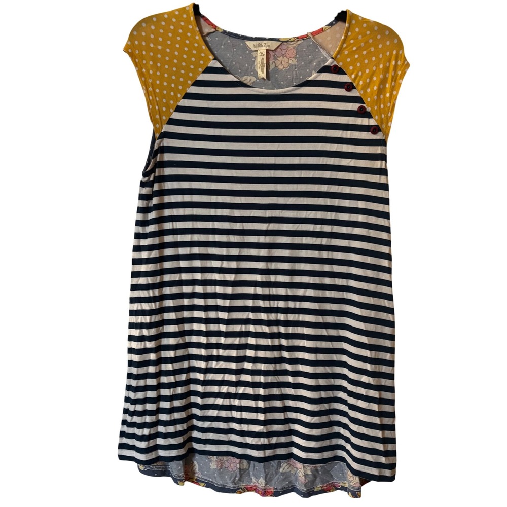 Matilda Jane Girls Floral Shirt Medium Multicolor Gold Blue White Dot High Low